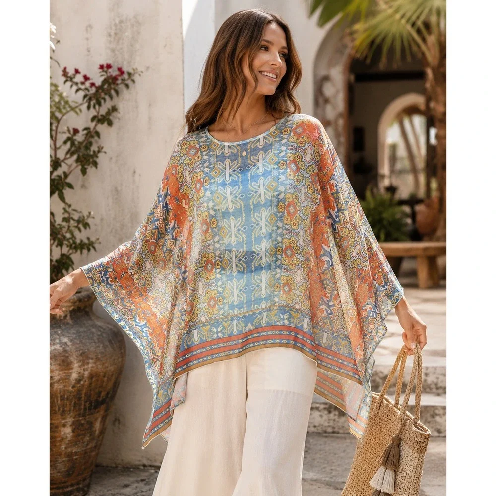 Ali Miles Womens XL Sheer Mesh Poncho Top Geometric Handkerchief Hem *Flawed - Picture 1 of 14
